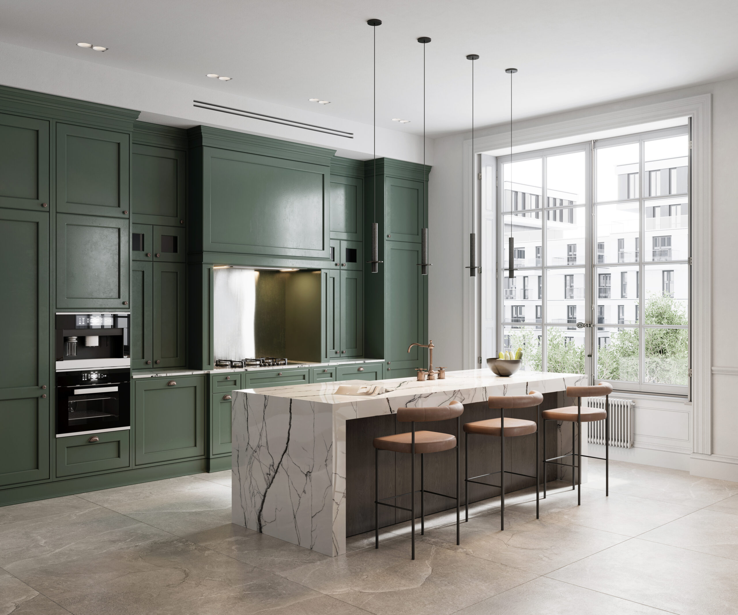 3D rendering of modern kitchen island with three high chairs. Computer generated image of a simple kitchen design with green wall.